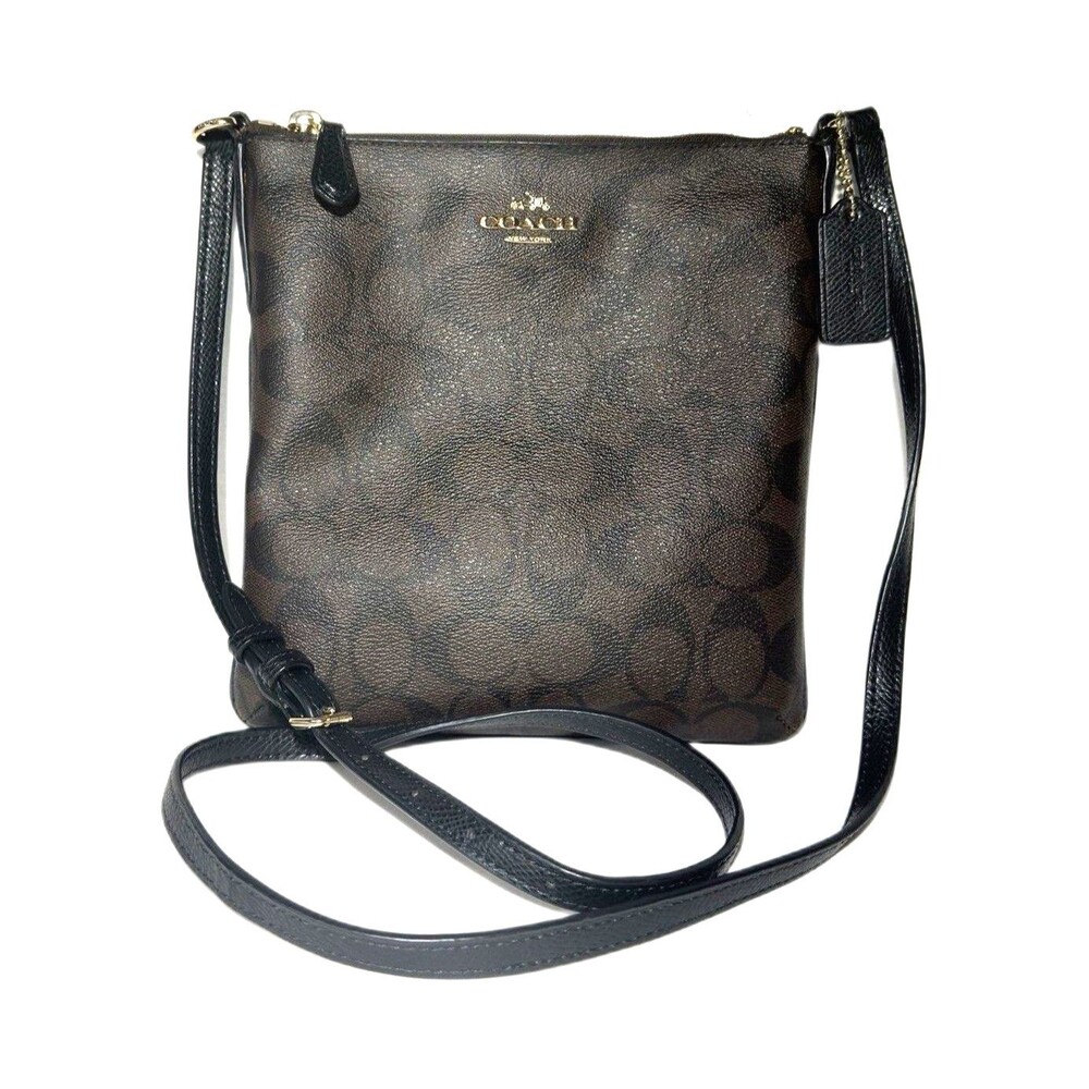 Coach Brown Signature Crossbody Bag Black Leather Trim Gold Tone Hardware EUC